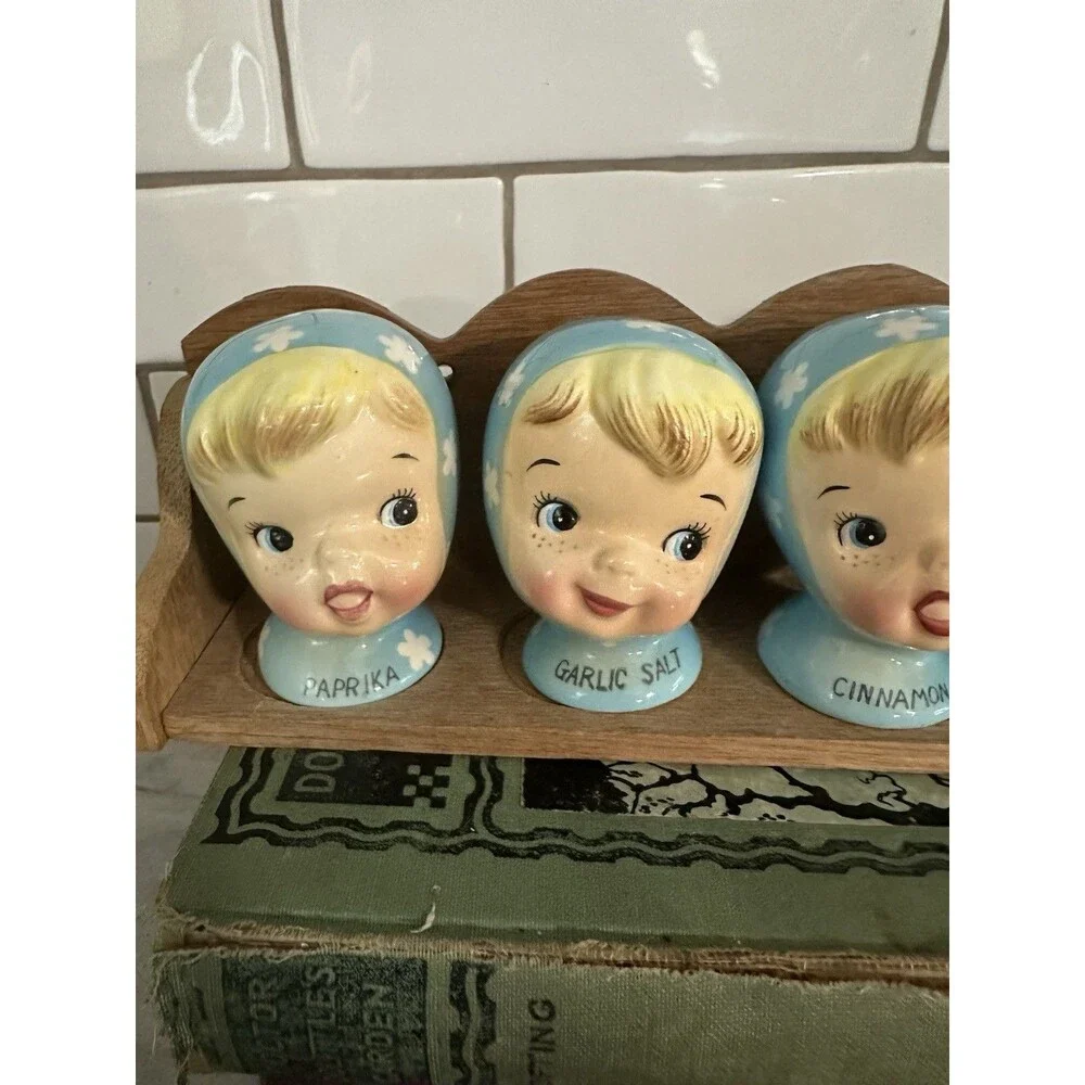 Vtg Napco Miss Cutie Pie Blue Spice Shaker Set Paprika Allspice Cinnamon Garlic